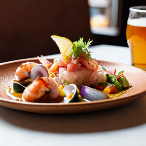 Home 11 **
A beautifully arranged tasting menu featuring artisanal ceramics in warm earth tones. Focus on one plate holding a vibrant seafood ceviche paired with a glass of amber-colored craft beer, highlighting condensation on the glass. Soft, warm lighting with a slightly blurred background to emphasize the dish. Key elements: Handmade ceramic plate, colorful ceviche, craft beer, soft lighting, shallow depth of field.
**