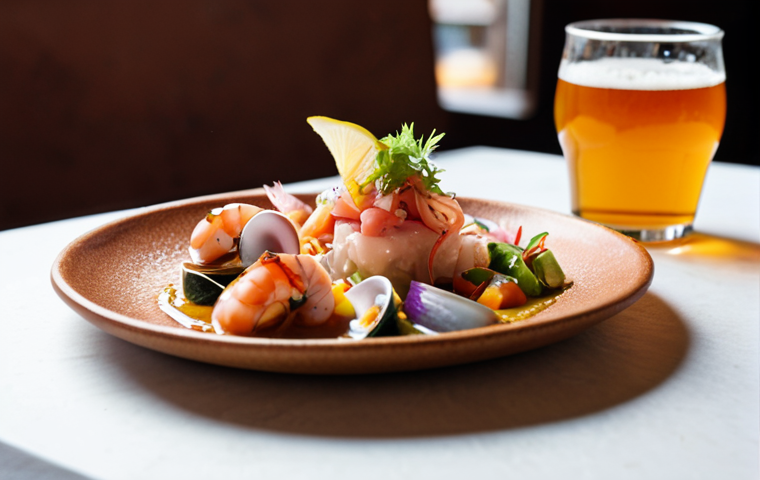 **
A beautifully arranged tasting menu featuring artisanal ceramics in warm earth tones. Focus on one plate holding a vibrant seafood ceviche paired with a glass of amber-colored craft beer, highlighting condensation on the glass. Soft, warm lighting with a slightly blurred background to emphasize the dish. Key elements: Handmade ceramic plate, colorful ceviche, craft beer, soft lighting, shallow depth of field.
**