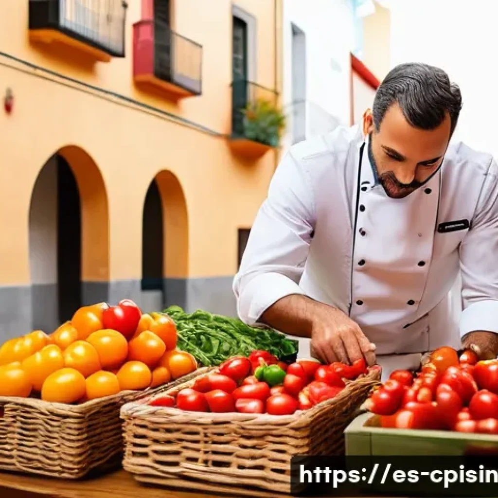퓨전 요리의 지속 가능성을 위한 노력 - A vibrant Spanish fusion kitchen scene showcasing a chef in modern attire carefully selecting fresh,...