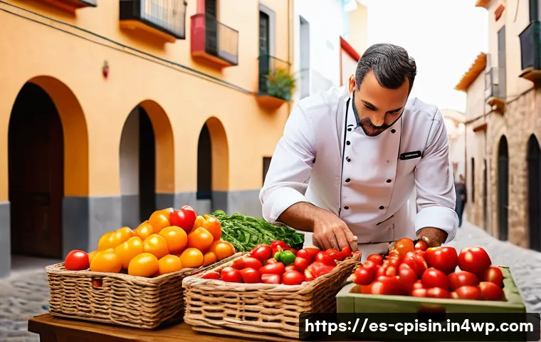 퓨전 요리의 지속 가능성을 위한 노력 - A vibrant Spanish fusion kitchen scene showcasing a chef in modern attire carefully selecting fresh,...