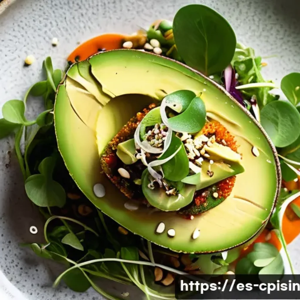 퓨전 요리 메뉴 개발을 위한 단계별 가이드 - A vibrant fusion dish artfully plated on a rustic ceramic plate, combining local Mexican avocado sli...