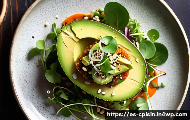 퓨전 요리 메뉴 개발을 위한 단계별 가이드 - A vibrant fusion dish artfully plated on a rustic ceramic plate, combining local Mexican avocado sli...