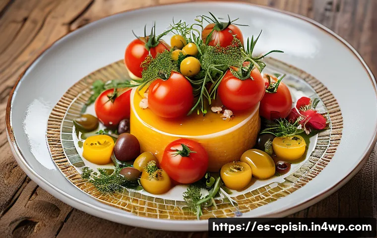 퓨전 요리의 경험 마케팅 전략 - A vibrant gourmet dish artfully plated on a rustic wooden table, featuring a colorful arrangement of...