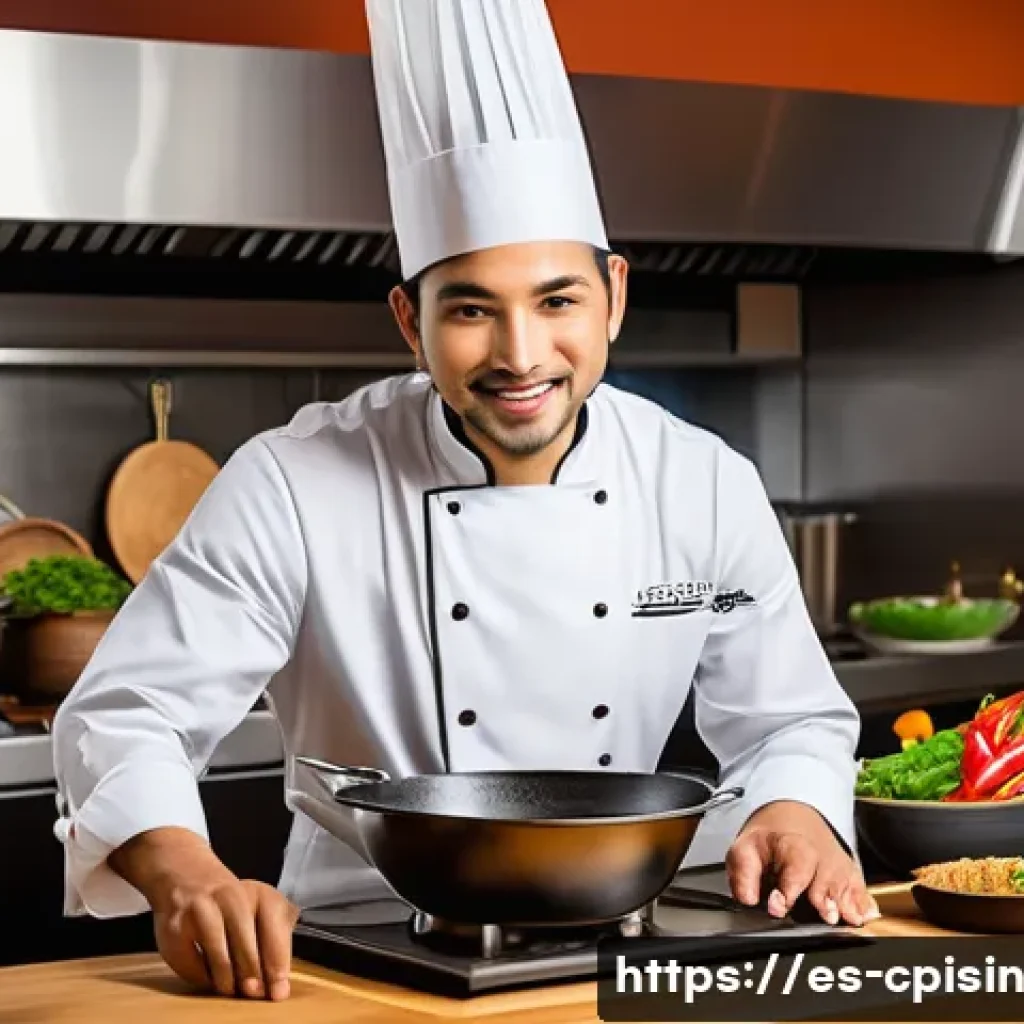 퓨전 요리의 교육 및 훈련 프로그램 - A modern fusion kitchen scene featuring a professional Hispanic chef in smart casual attire, careful...