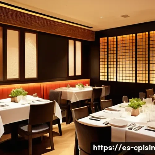 Home 33 퓨전 요리의 고객 경험 디자인 - A sophisticated fusion cuisine restaurant interior featuring warm ambient lighting and soft backgrou...