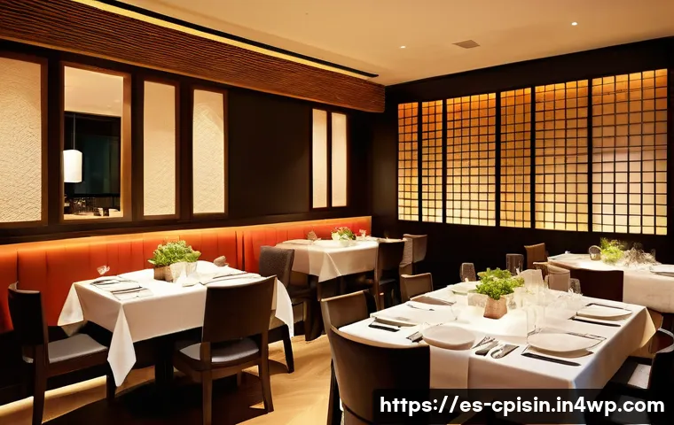 퓨전 요리의 고객 경험 디자인 - A sophisticated fusion cuisine restaurant interior featuring warm ambient lighting and soft backgrou...