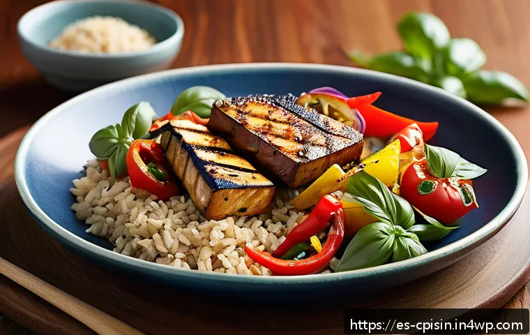 퓨전 요리의 영양 균형 맞추기 - A vibrant fusion dish featuring a balanced plate with half filled with colorful seasonal vegetables ...