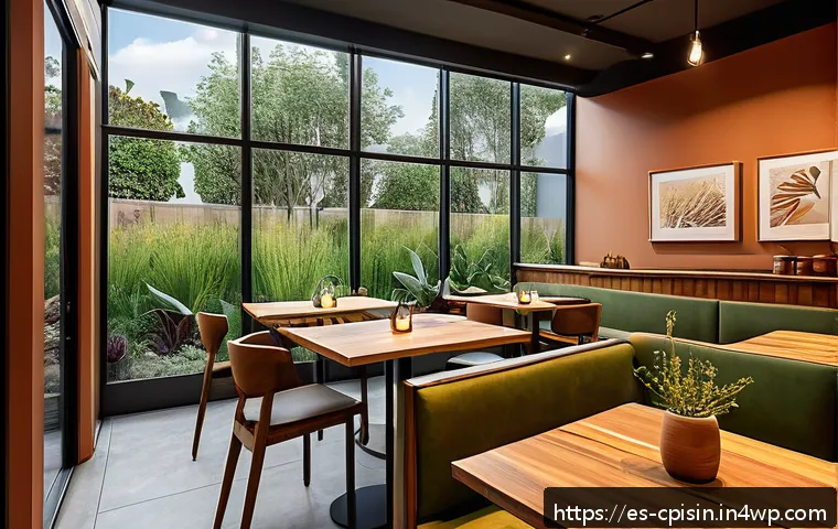 퓨전 요리의 혁신적인 레스토랑 디자인 - A cozy fusion cuisine restaurant interior featuring warm terracotta, olive green, and natural wood t...