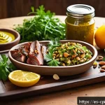 Home 23 퓨전 요리에서 활용 가능한 소스 및 드레싱 - A vibrant gourmet kitchen scene showcasing a rustic wooden table adorned with artisanal sauces and d...